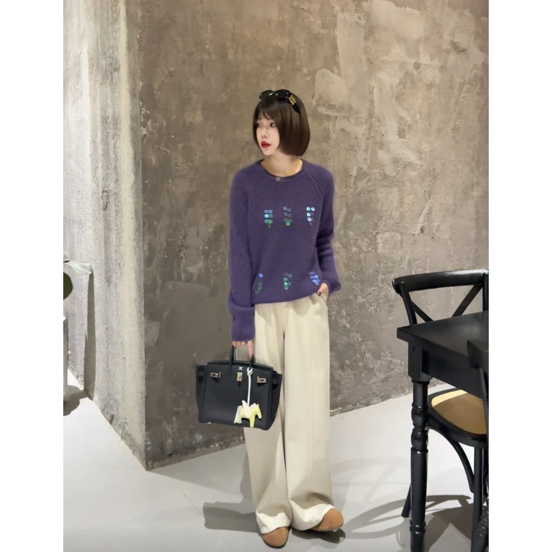 MY【出街私服】100%全羊毛冬季新款韩版温柔风亮片氛围感套头针织衫