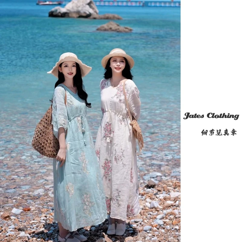 Q7767#夏季新品V领水滴袖气质显瘦仙气飘飘宽松版苎麻满绣连衣裙