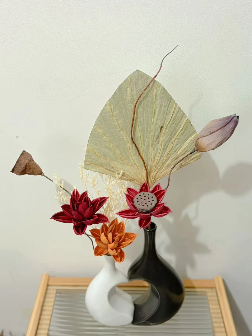 【荷韵】组合式陶瓷花瓶手工植物干花手工花风干荷叶茶台岛台