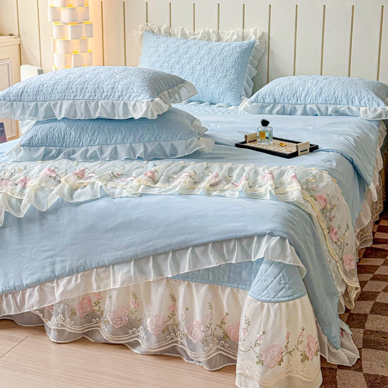 水星家纺适用2025新款韩版水洗棉公主风夏被床盖款四件套-艾薇