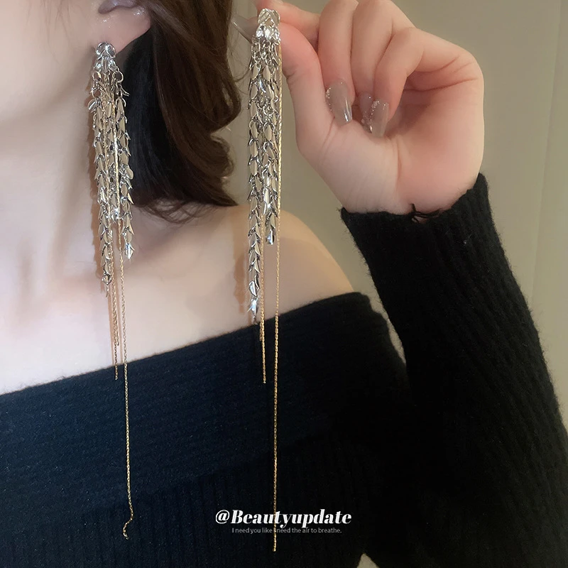 铜合金耳饰 耳钉链条银针小众麦穗ins流苏耳环轻奢高级感长款耳坠