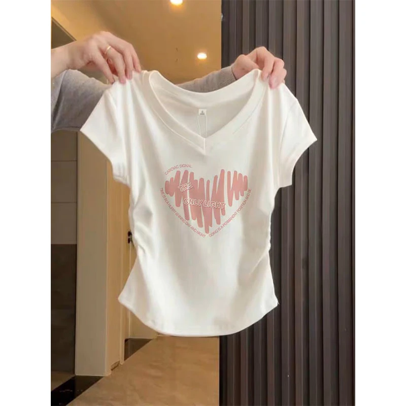 侧边褶皱正肩V领短袖女t恤2025新款收腰修身显瘦藕粉色上衣夏季潮
