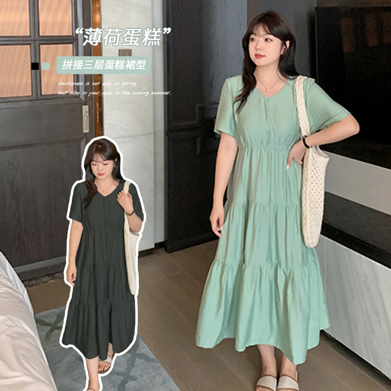 气质V领收腰显瘦长裙夏季新款200斤胖mm泡泡袖清凉长裙271494