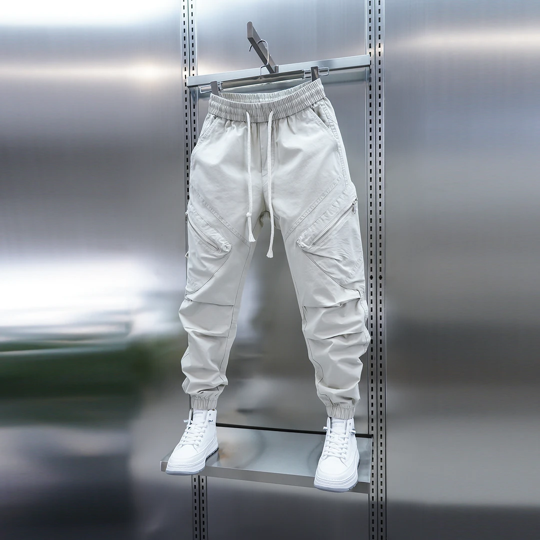 潮流男士新款大口袋宽松束脚休闲裤纯色百搭松紧腰工装裤