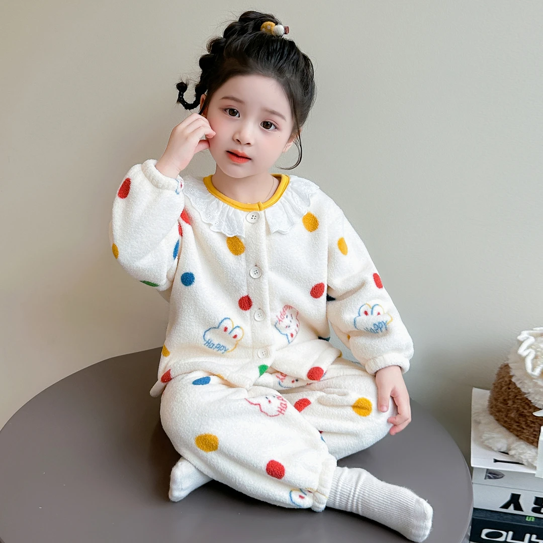 儿童睡衣秋冬女童家居服珊瑚绒冬季加绒加厚宝宝法兰绒居家服套装