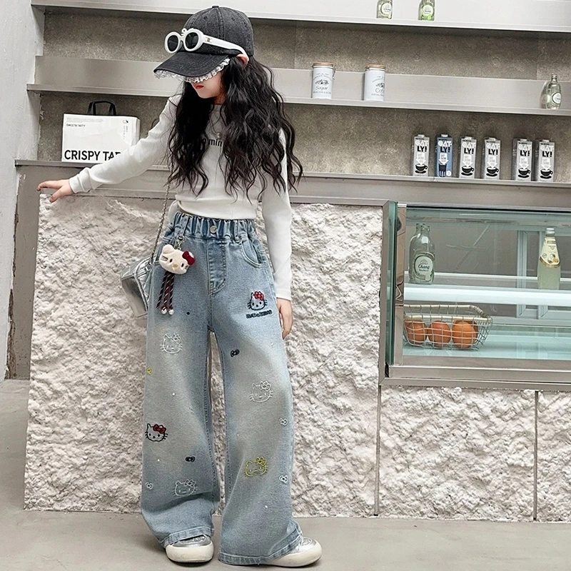 女童牛仔裤春季潮流酷帅刺绣kt猫中大儿童网红炸街直筒休闲阔腿裤