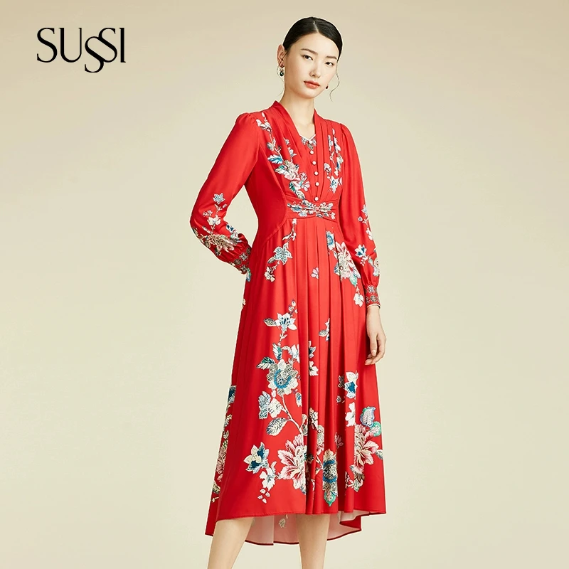 「宠粉节专属款」SUSSI/古色商场同款新年红装中国风婚宴礼服连衣裙
