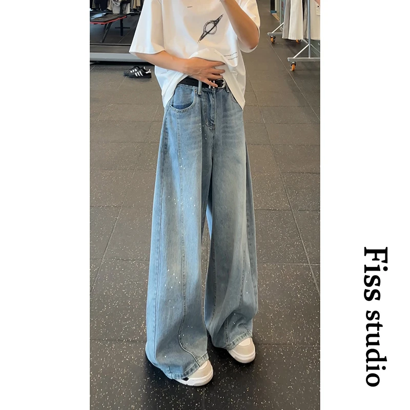 美式复古高街泼墨牛仔裤男设计感高级感弯刀小众裤子情侣