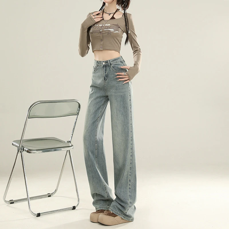 秋季牛仔裤阔腿裤高腰直筒宽松显瘦长裤怀旧蓝直筒牛仔裤女2025新