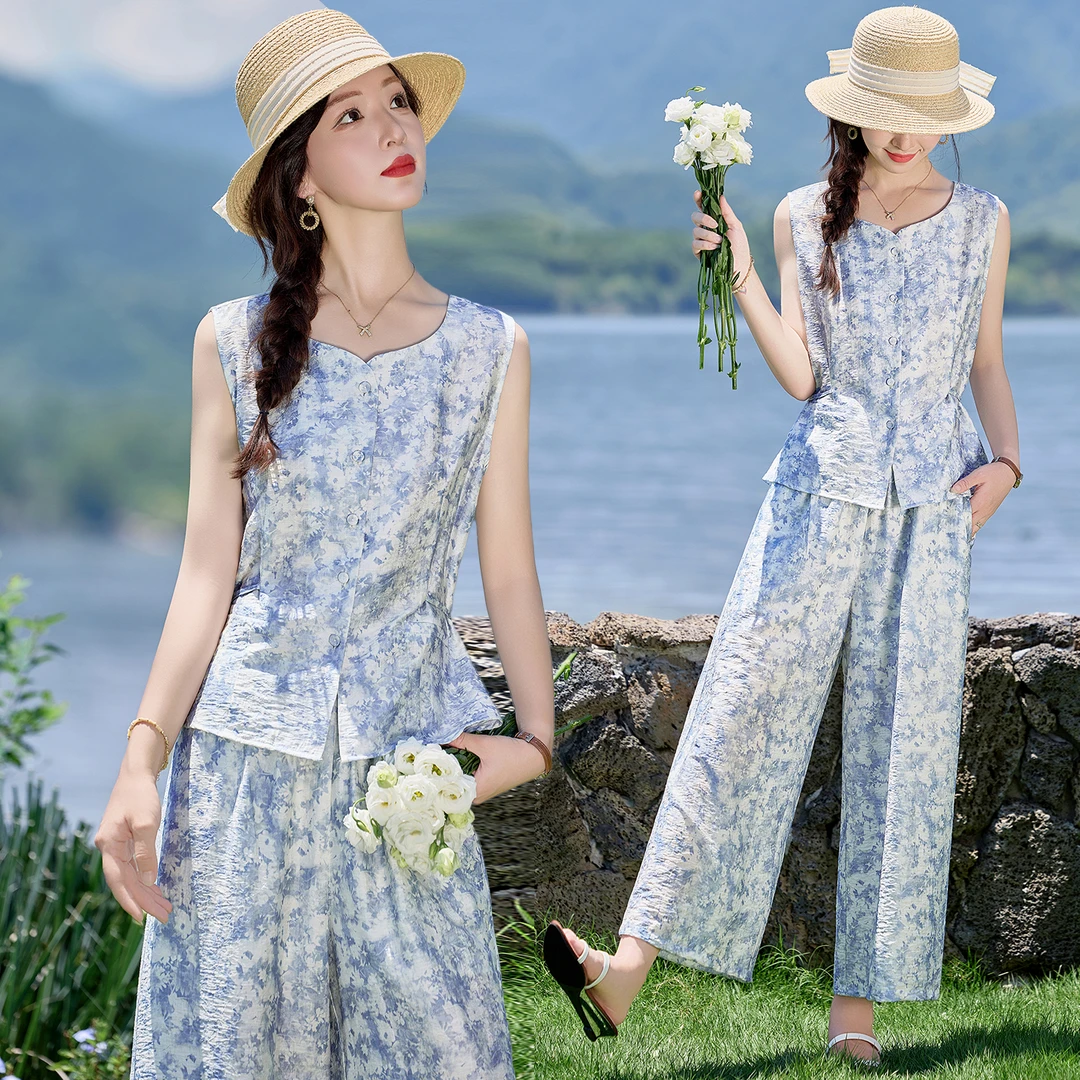 无袖系带印花套装女2025夏季新款设计感时尚洋气减龄阔腿裤两件套