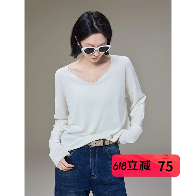 美洋MEIYANG 如烟针织衫 三醋酸天丝羊绒_V领宽松休闲长袖上衣S