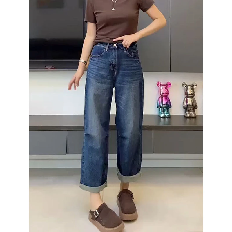 2025秋季新款大码高腰显瘦直筒法棍裤时尚减龄宽松舒适九分牛仔裤