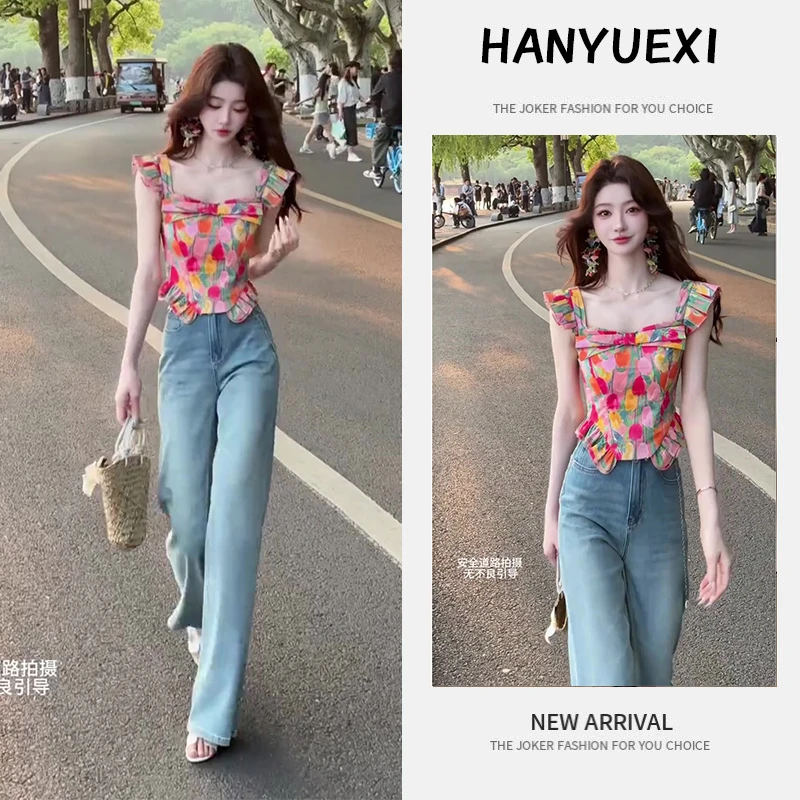 夏季一整套女装2025年新款韩版减龄气质时尚背带上衣牛仔裤两件套
