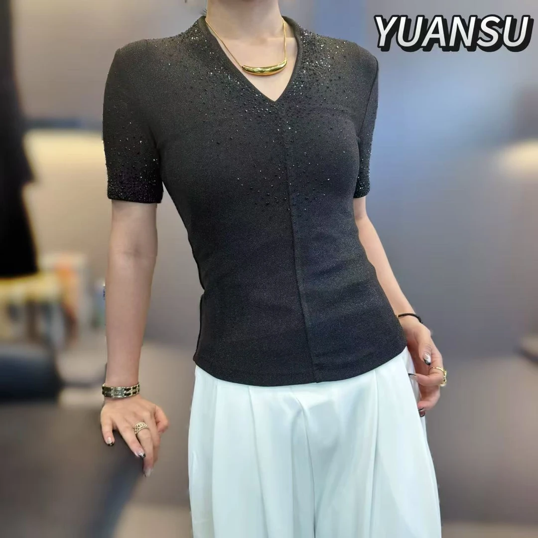 2025夏季烫钻南韩纱高弹收腰显瘦百搭纯色短t女#916