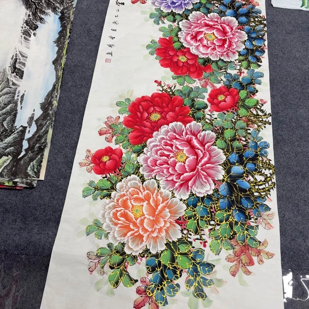 烟***城国画180×68金线水晶牡丹画画画画