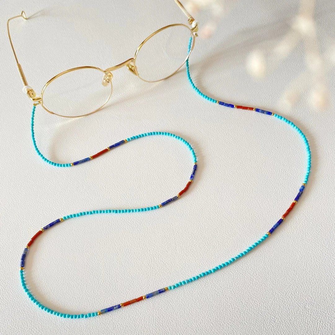 高端天然眼镜链女松石青晶石锁骨项链百搭气质墨镜时尚毛衣链长款