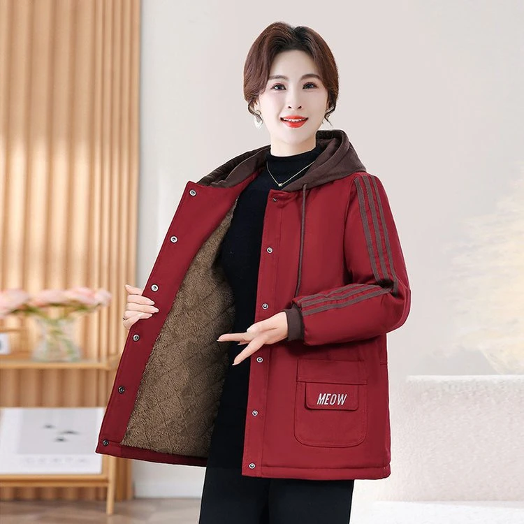 冬季连帽宽松洋气加绒妈妈装棉服中老年女装冬装中老年女士棉袄