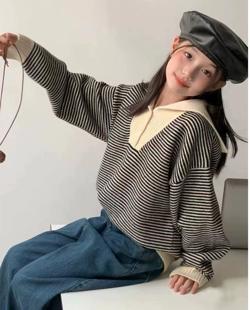 儿童条纹长袖上衣童装休闲风套头连帽针织衫毛衣B类V领6001