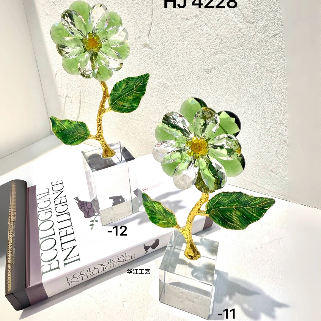 水晶彩色花朵搭锌合金珐琅叶子合水晶底座创意礼品家居装饰工艺品