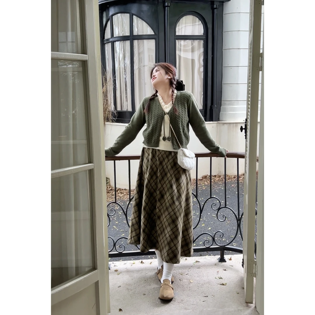 青苍【格兰芬多】大头婷微胖定制秋季复古毛呢格纹A字半身长裙