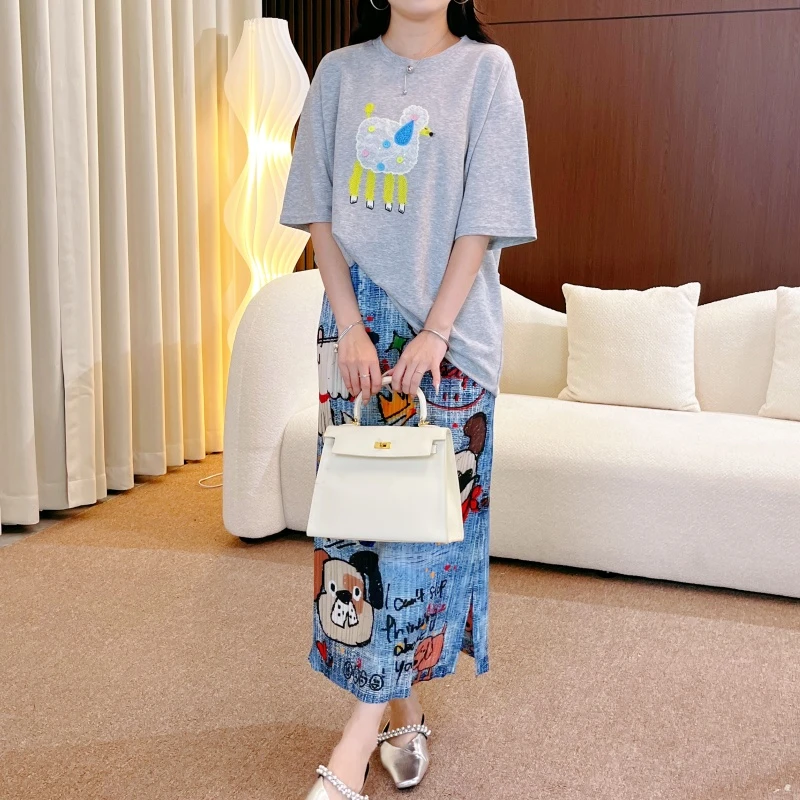 小众设计小羊刺绣宽松短袖T恤女上衣+褶皱小狗印花可爱显瘦半身裙