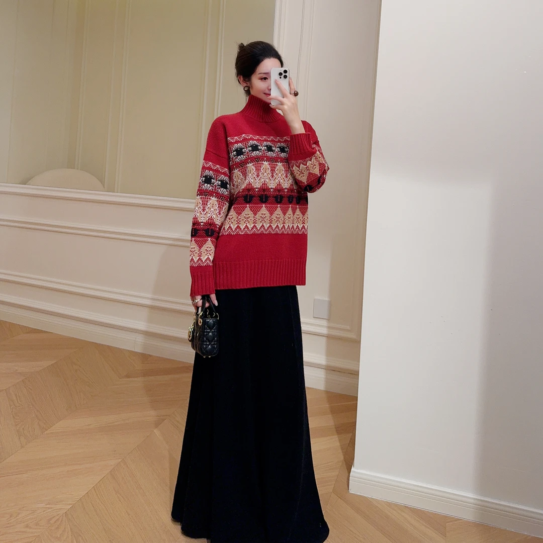 嫚渡慵懒风法式宽松显瘦秋冬季针织套头时尚百搭羊绒羊毛红色上衣