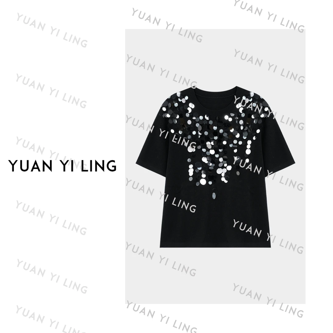 袁艺灵【星空】25秋季圆领重工亮片显瘦设计感针织T恤9144