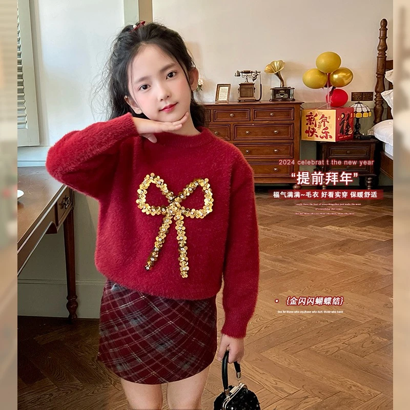 mini旦女童红色毛衣拜年服冬季新款女孩洋气蝴蝶结仿貂毛保暖毛衣