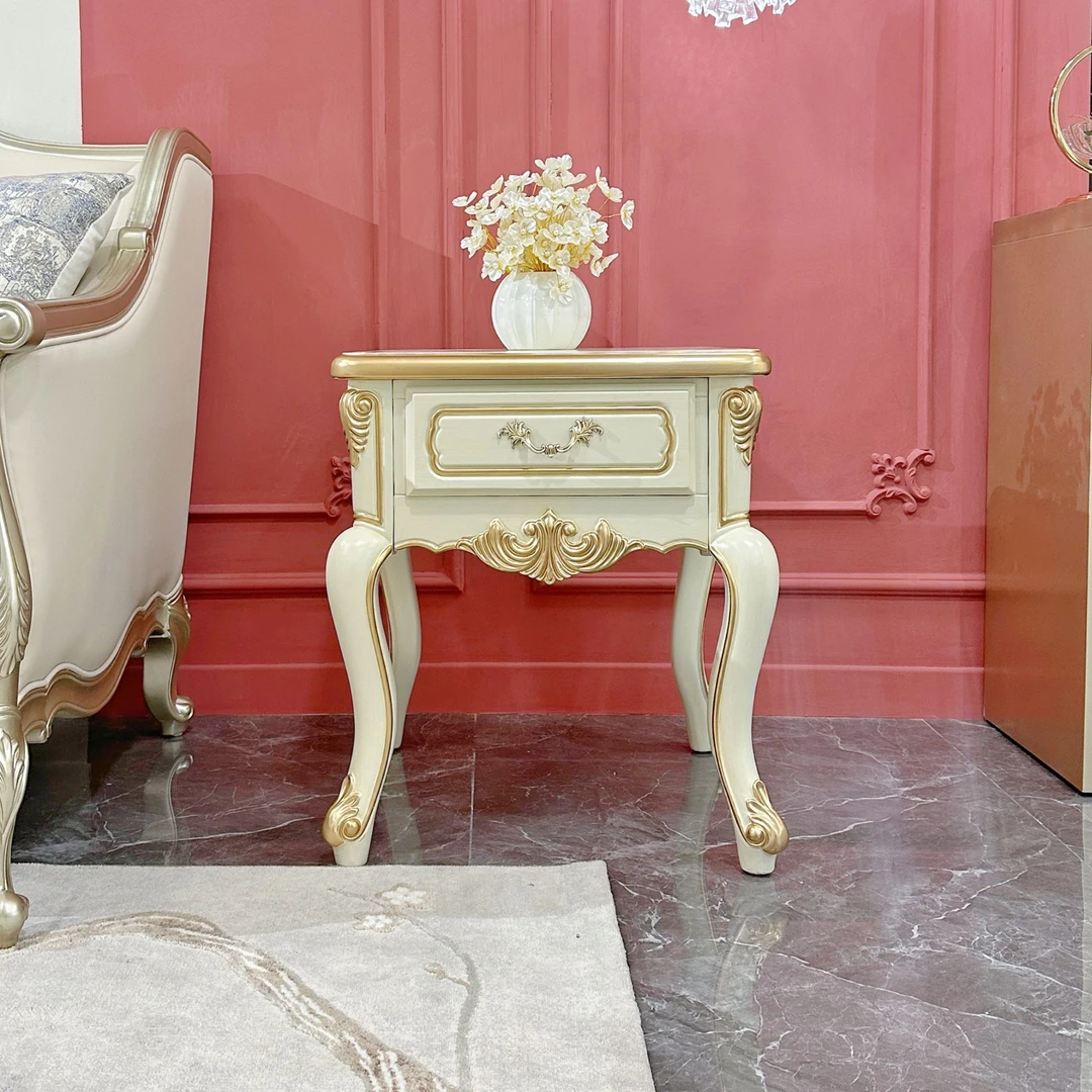 美法式轻奢实木雕花家用奢华简约边几角几白色客厅储物方几828