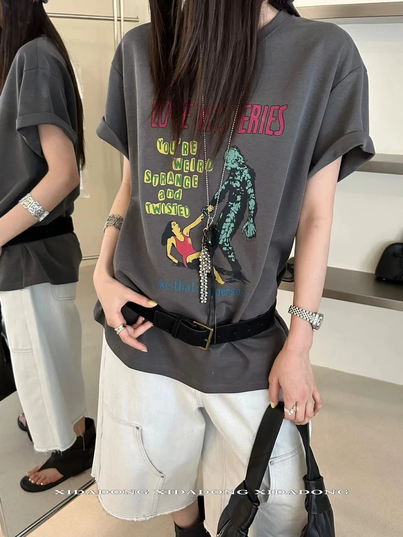 福秒-复古印花T、圆领宽松百搭短袖上衣（XD11116#）喜大东