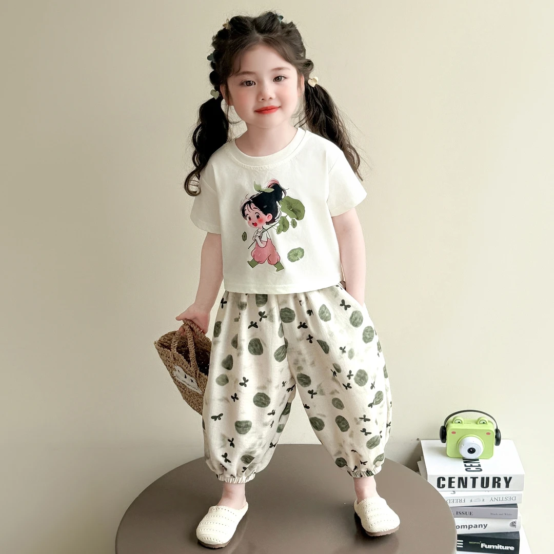 女童夏季套装2025新款儿童蝴蝶结短袖薄款防蚊裤宝宝灯笼裤两件套