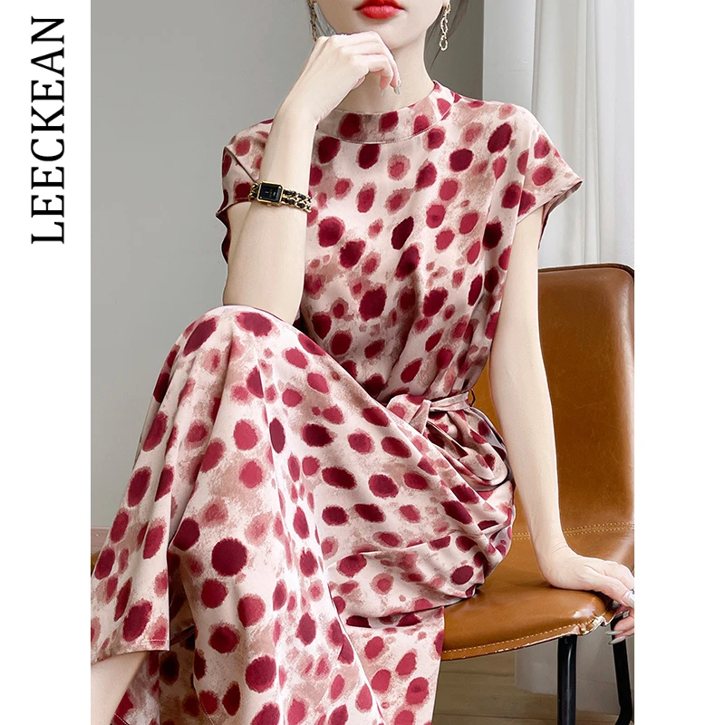 【尖货甄选】夏季缎面短袖连衣裙女2025新款半高领拼色印花A字长裙