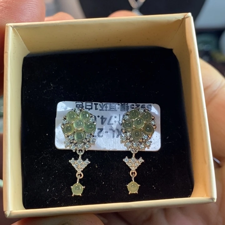 翡翠银S925镶嵌耳饰天然缅甸翡翠A货耳钉