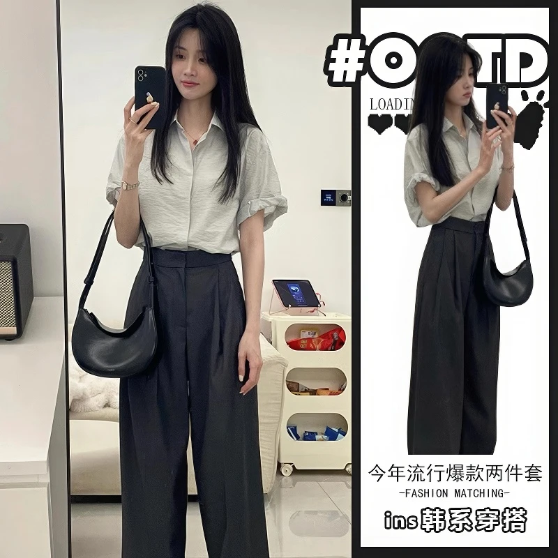 夏季新款韩系灰色短袖衬衫女高级灰垂感西装裤韩系宽松减龄套装潮
