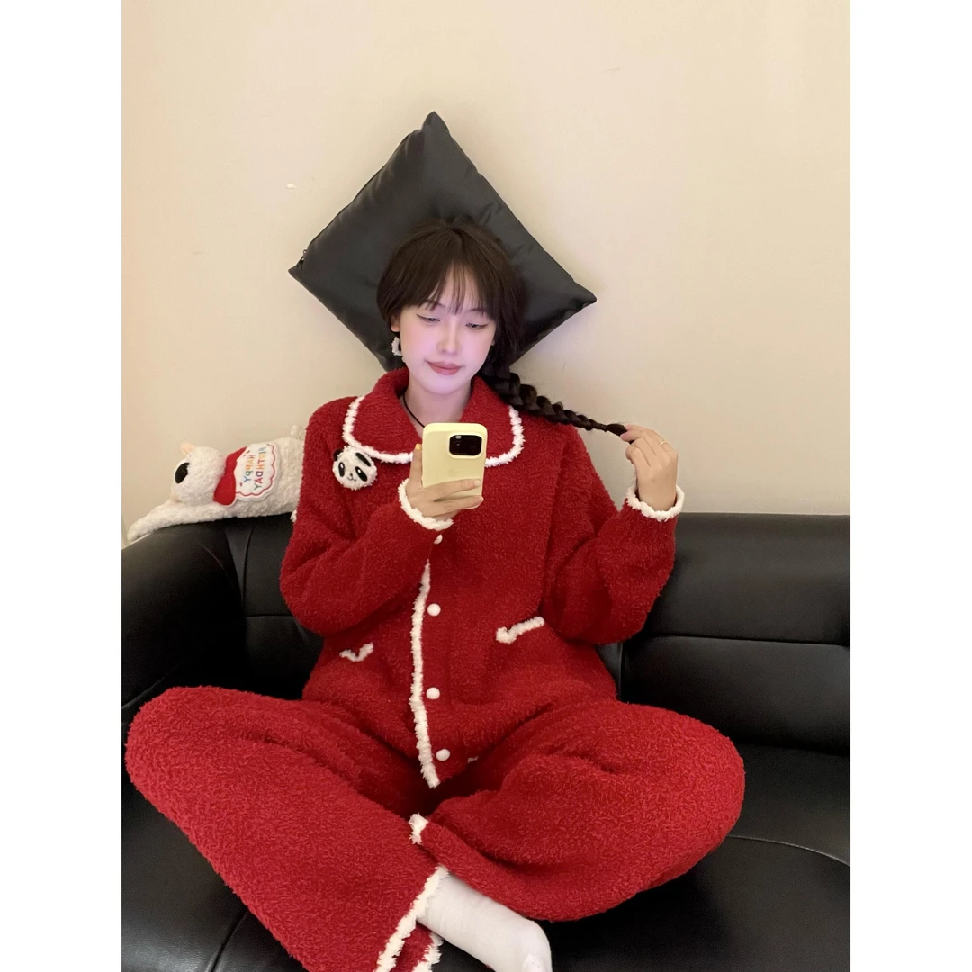 甜美复古红色熊猫针织半边绒睡衣女秋冬季新款加厚保暖家居服套装