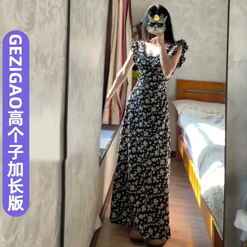 高个子加长黑色碎花连衣裙子女夏季2025新款荷叶袖法式赫本风长裙