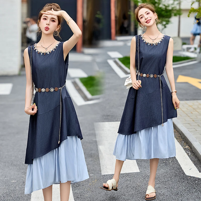 设计感小众不规则拼接连衣裙女2025夏季新款洋气减龄中长款背心裙