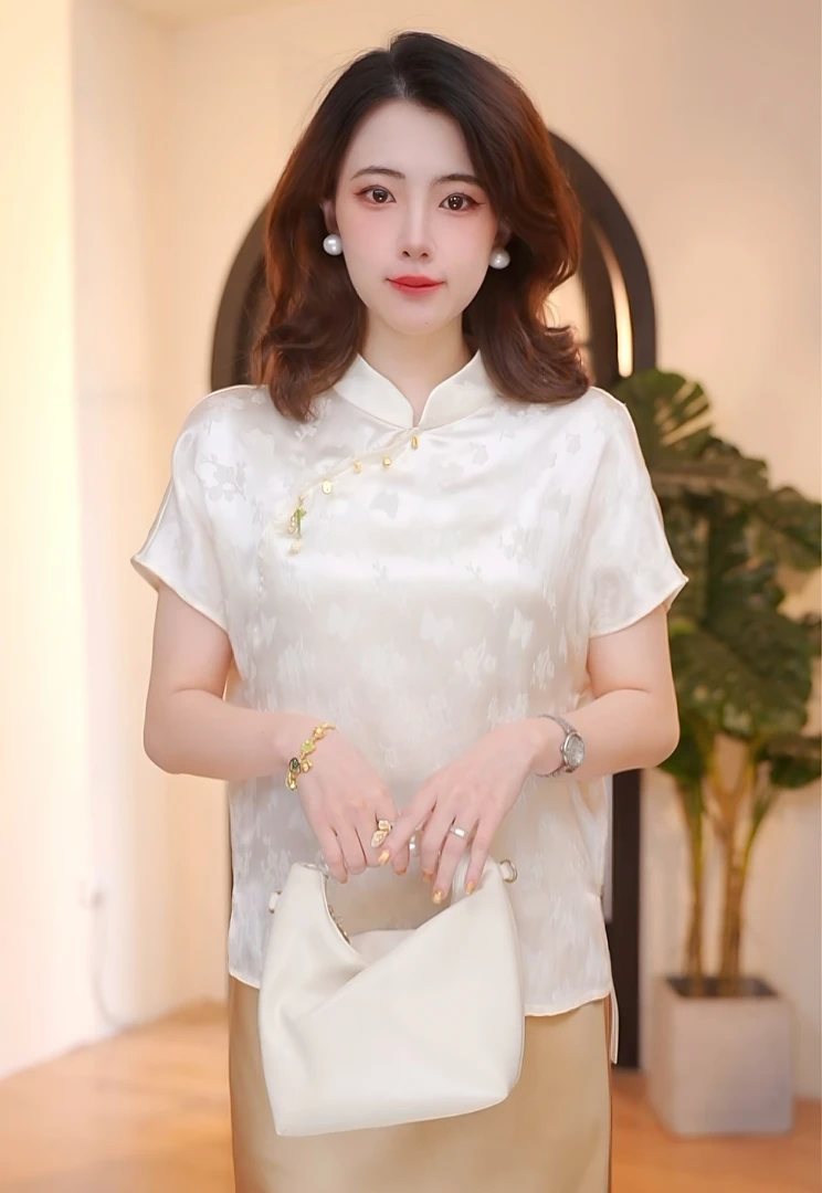 时尚夏季百搭复古宽松圆领中式气质冠乐绉衬衫4642