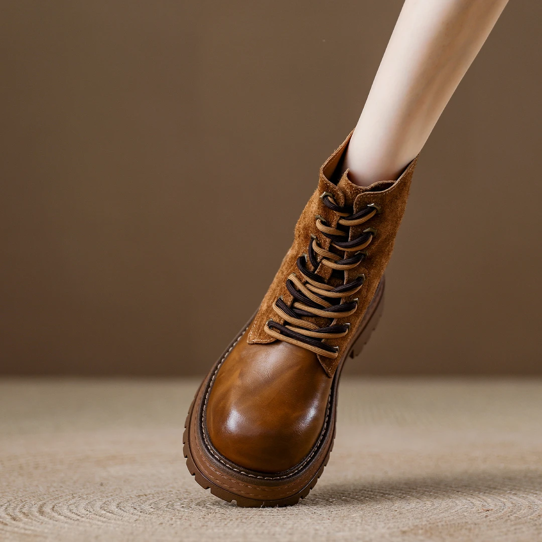 真皮马丁靴女秋季爆款短靴2025新款高帮鞋女百搭厚底系带机车靴子