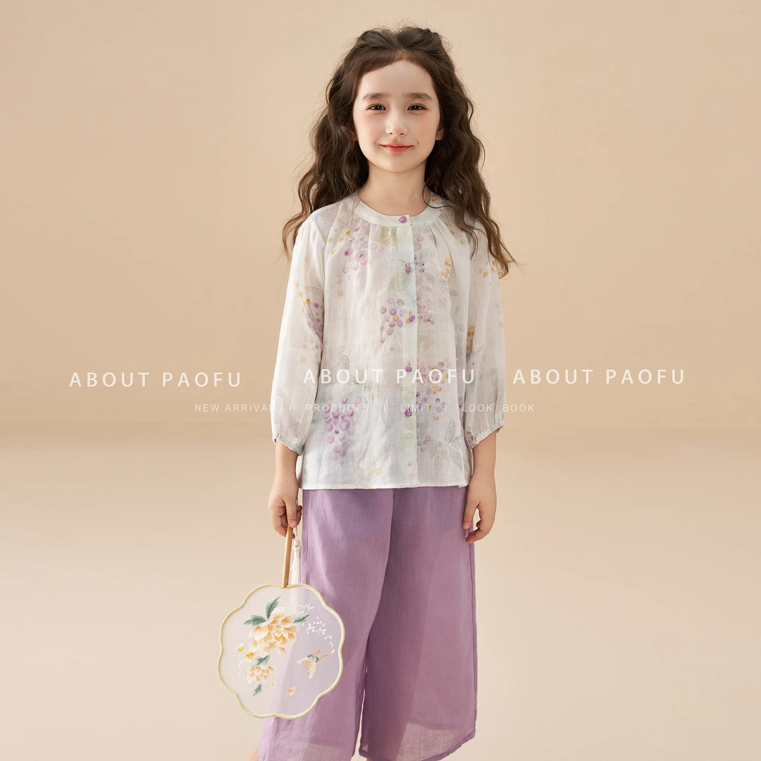 【静悠】泡芙定制 新款100苎麻 42支女童新中式长袖套装 DY1250503