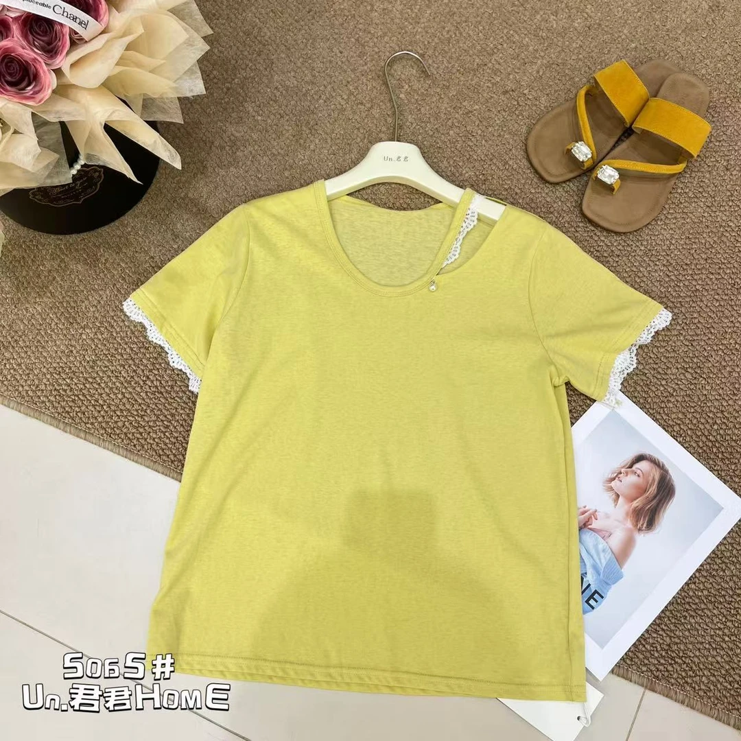 君君家【小心机】5065圆领设计感小心机拼蕾丝百搭上衣