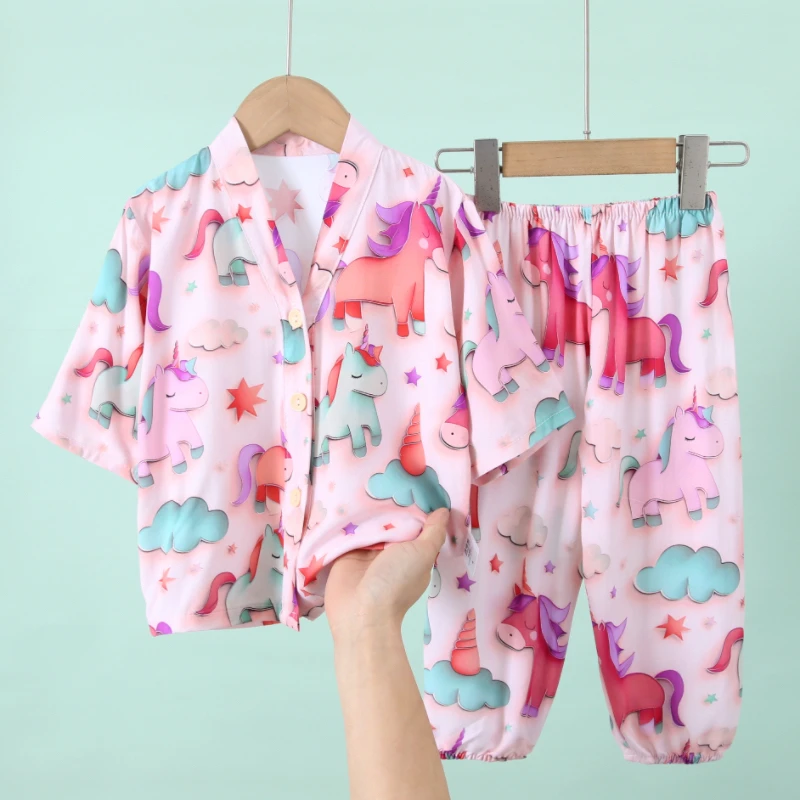 夏季薄款儿童棉绸睡衣七分袖家居服套装简约宝宝男童女童中大童