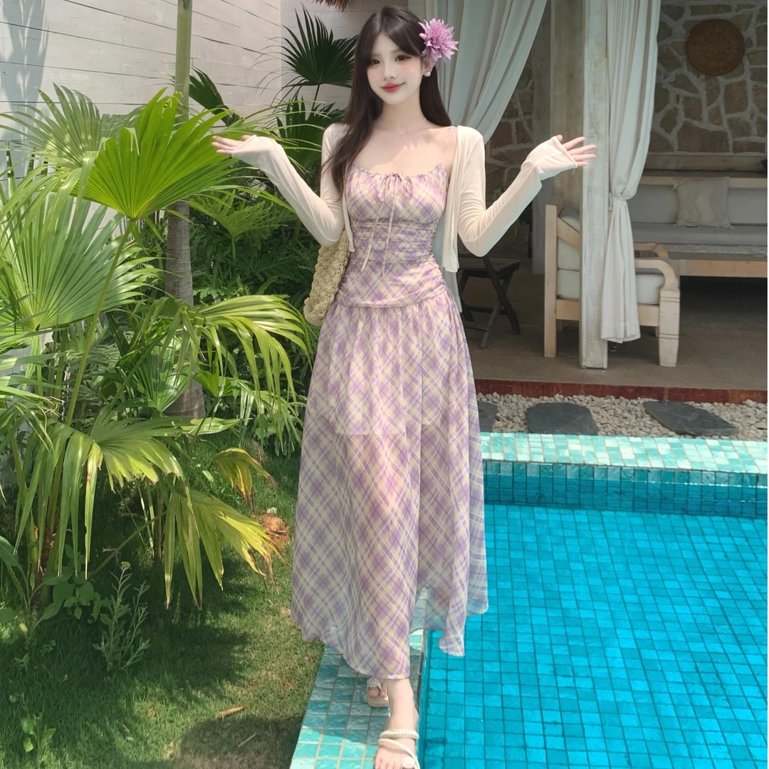 816 大码女装胖MM温柔风法式气质紫色菱格吊带+防晒开衫两件套