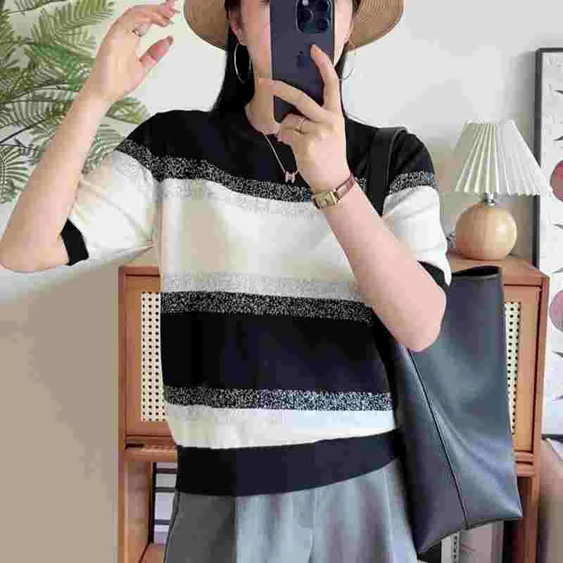 条纹短袖针织衫女薄款夏季新款2025爆款t恤气质上衣独特漂亮小衫