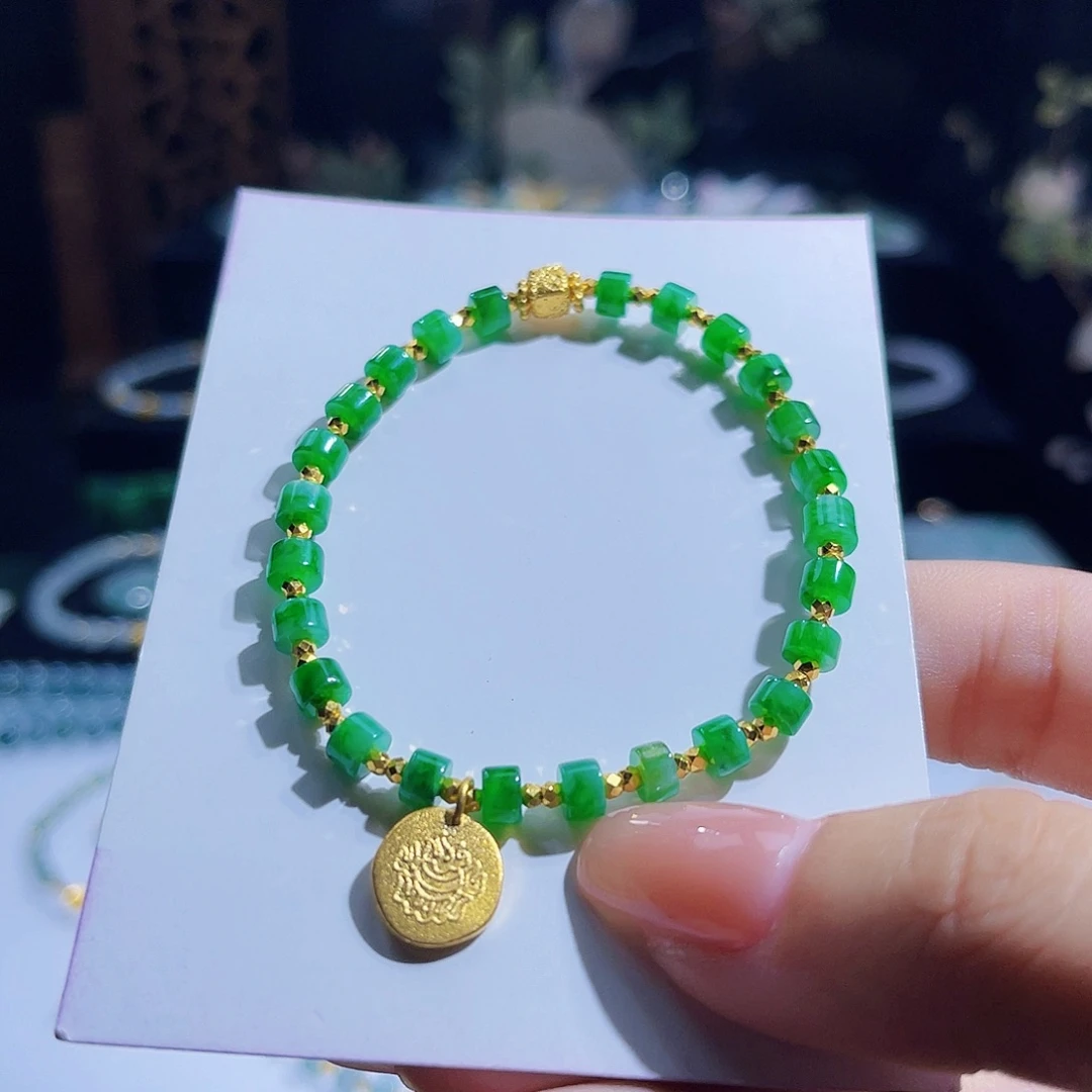 足金镶嵌手串翡翠宁*芯缅料直切黄财财款