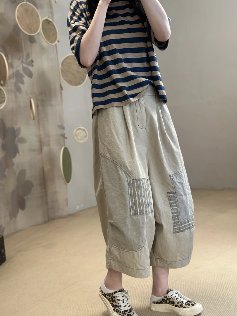 忆古朴拙250630色织补丁休闲风夏季八分裤透气贴布休闲裤