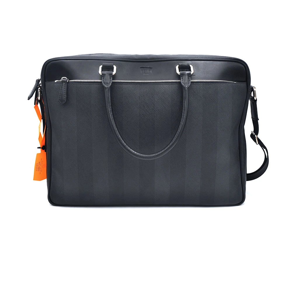 95新 FENDI/芬迪 98新黑银条纹全皮手提肩带公文包40*30/05351
