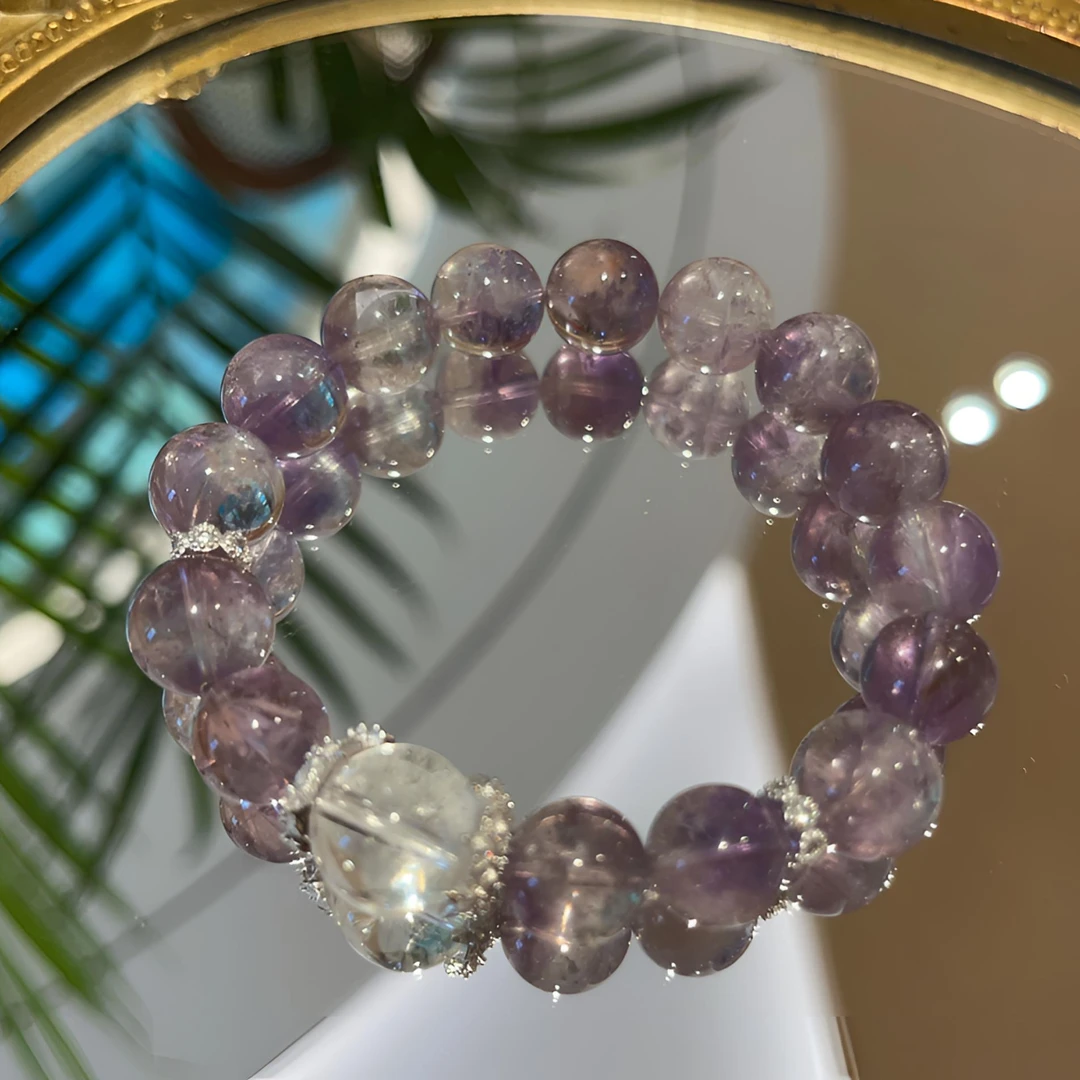 【玉兔捣霜】11mm紫兔毛+12mm 顶珠白水原创手工天然紫水晶手串A053