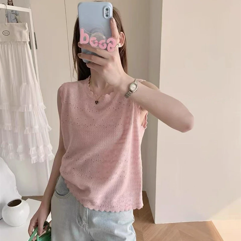 2025夏季新款冰丝镂空气质小香风花边圆领无袖大码针织打底背心女