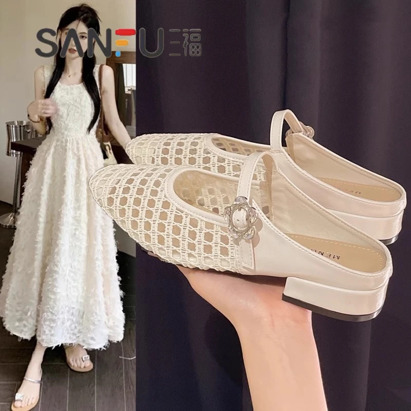 爆款软底内增高包头半拖女夏2025新粗跟编织镂空玛丽珍凉拖鞋女